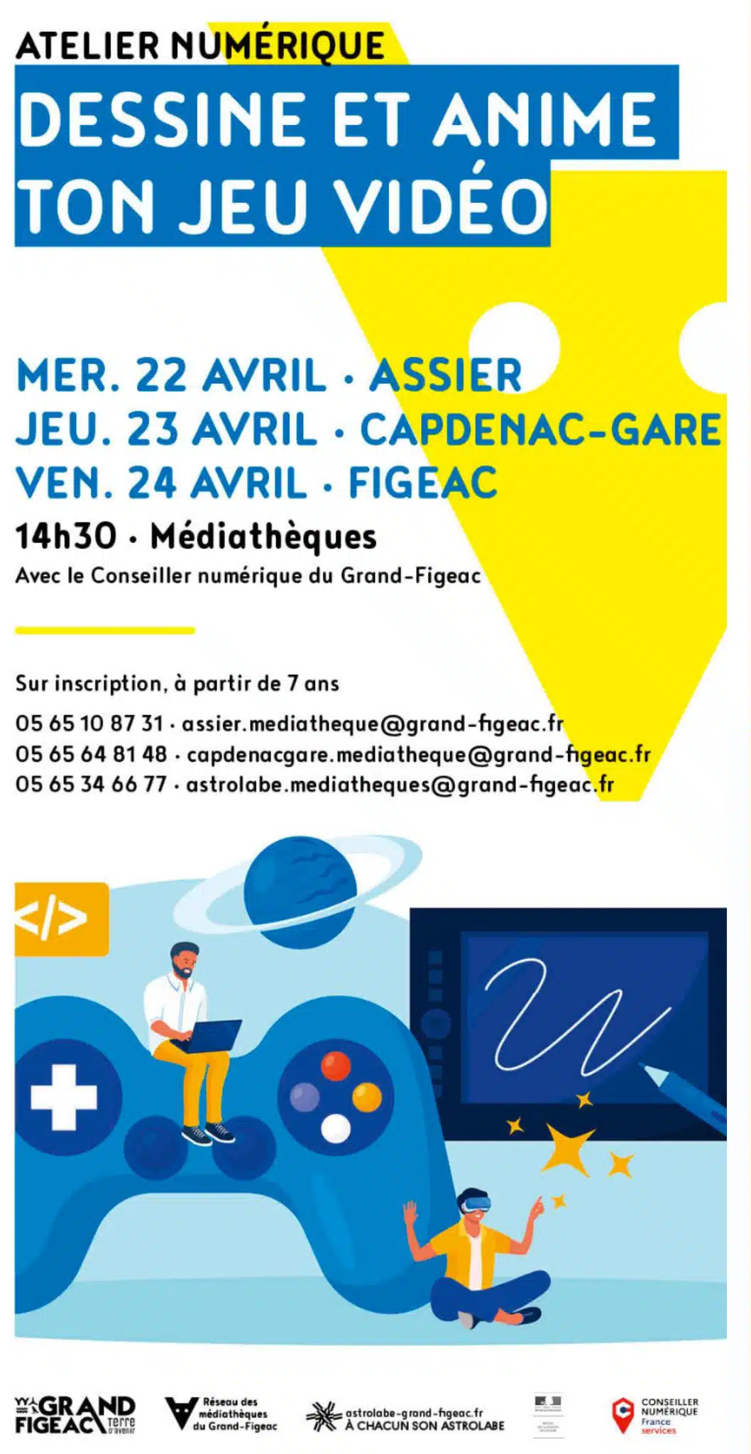 Atelier numérique à Figeac :  jeux-vidéo — visuel événement