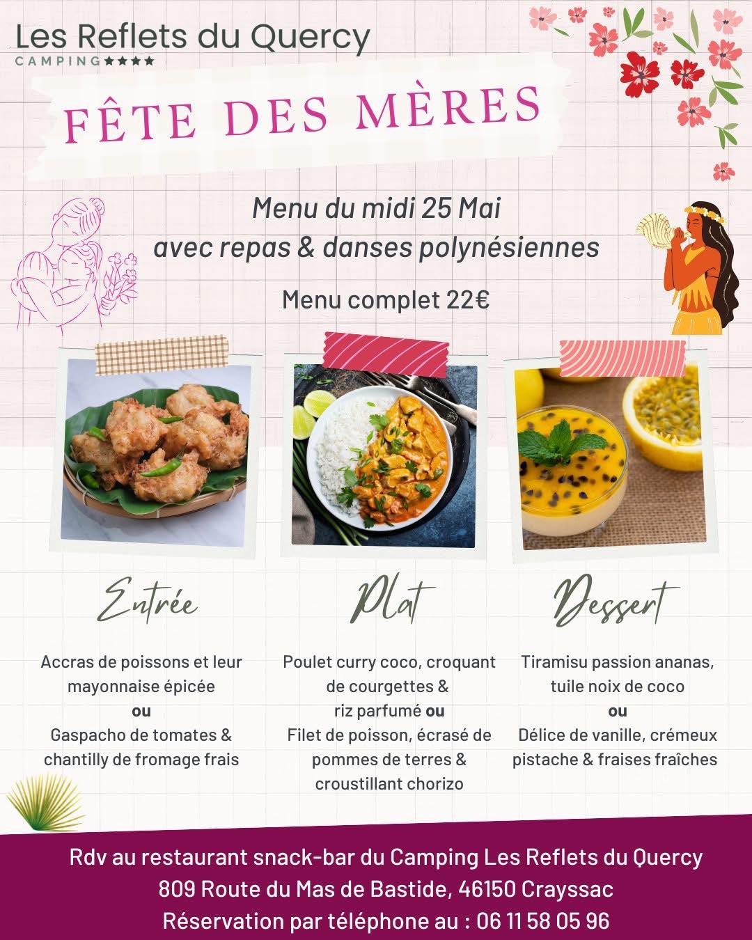 Menu fête des mères au camping Les Reflets du Quercy