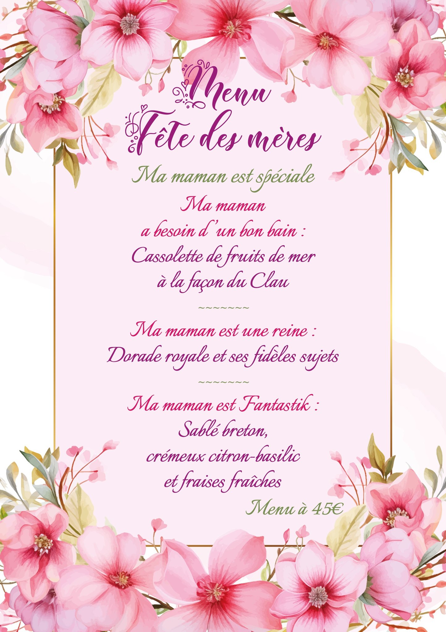 Menu fête des mères au Clau del Loup