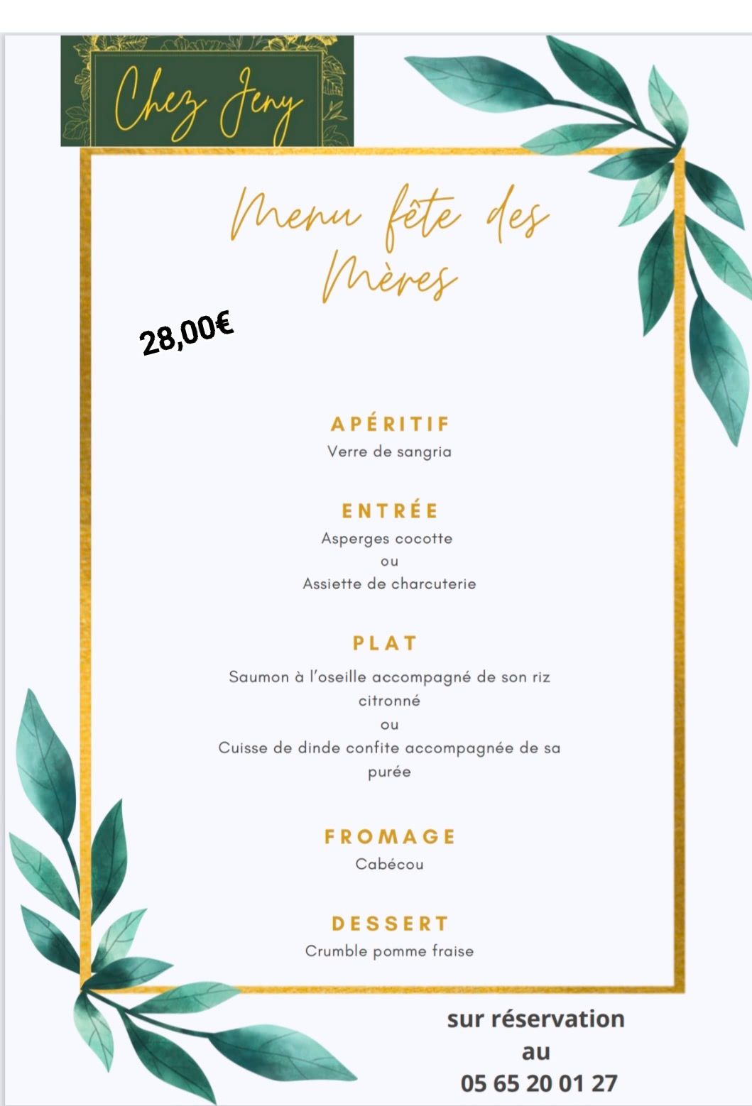 Menu fête des mères chez Jeny