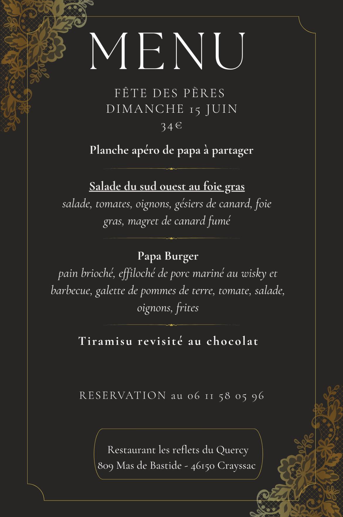 Menu fête des pères au camping Les Reflets du Quercy