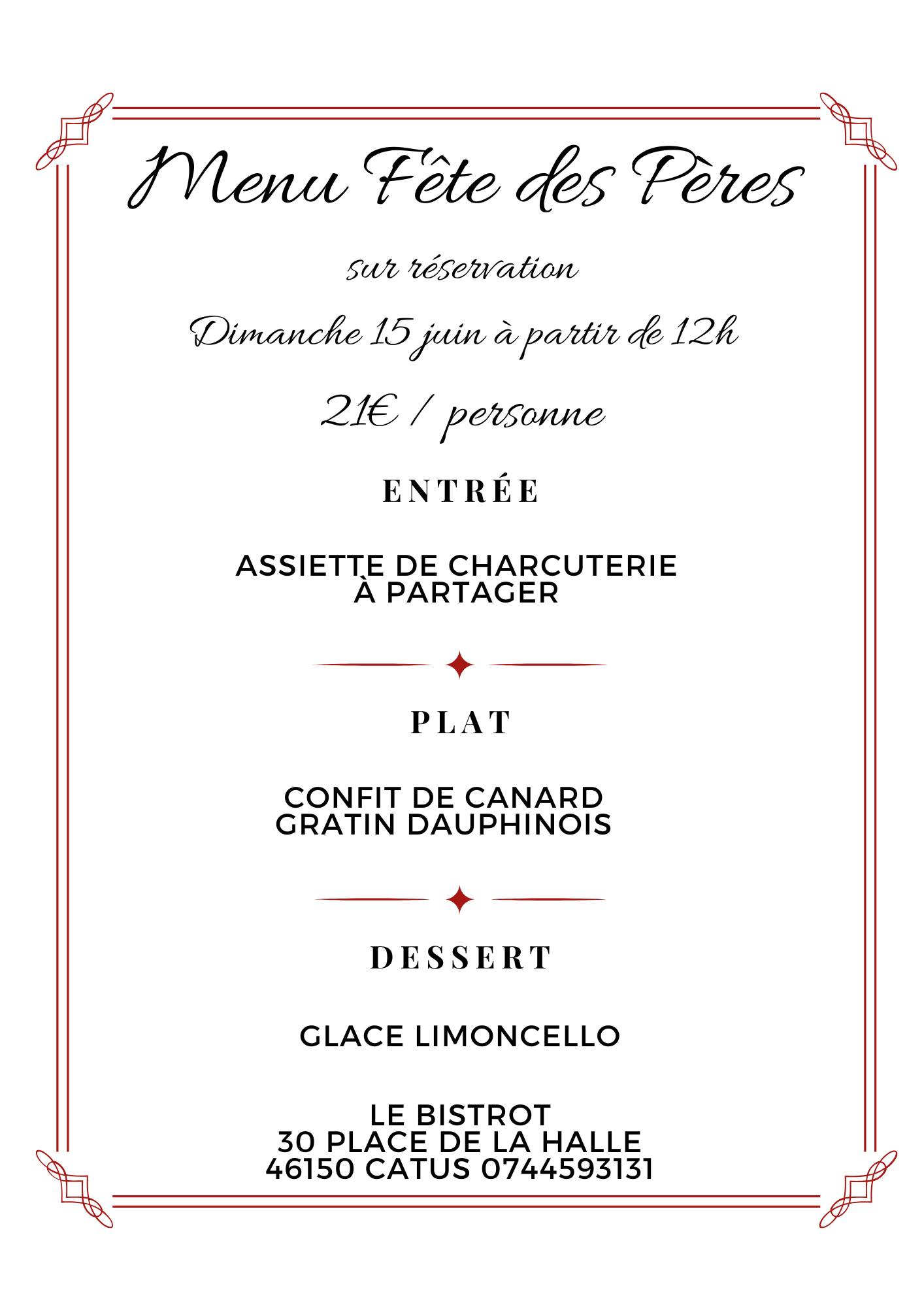 Menu fête des pères au Bistrot