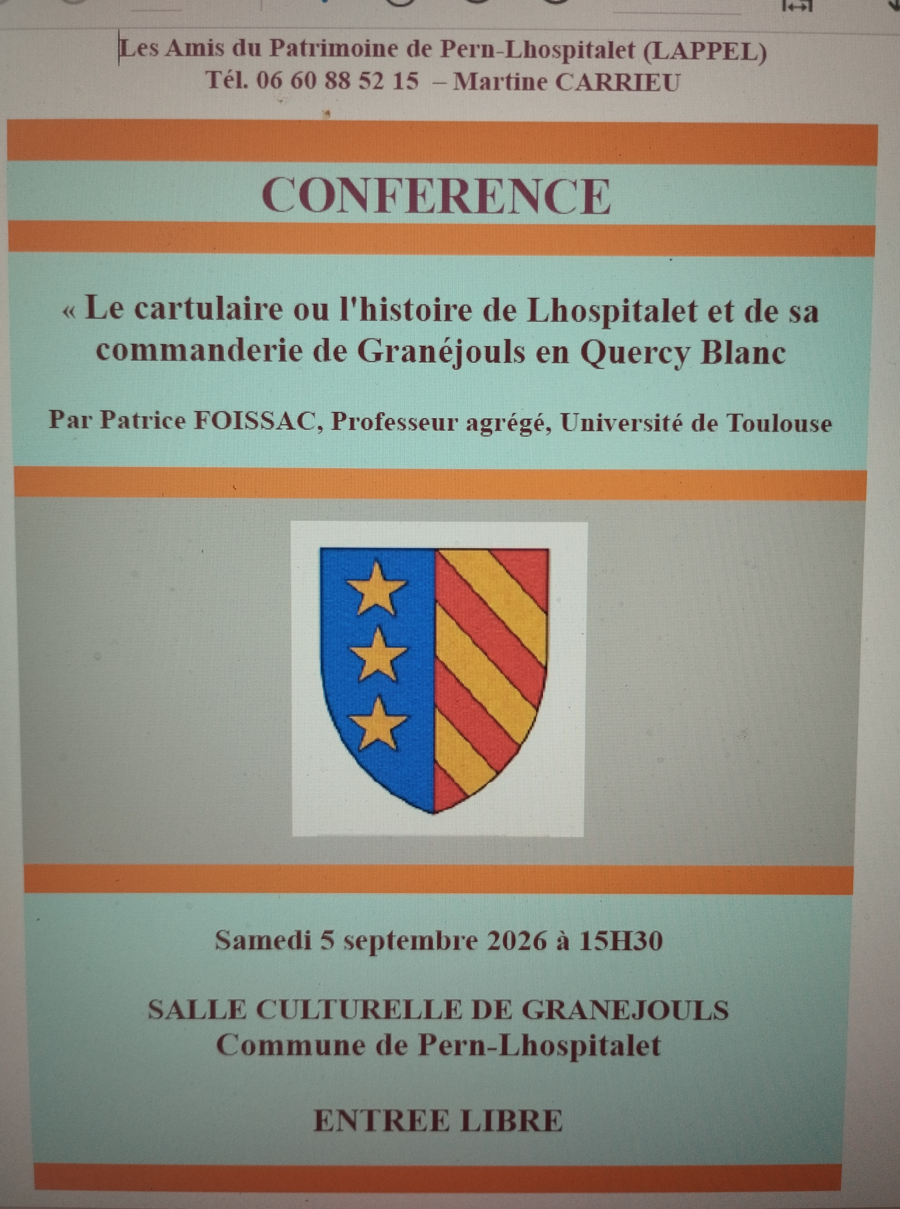 Conférence : "Le cartulaire de Lhospitalet ou l'histoire du village et de sa commanderie de Granéjouls au Moyen-Age"