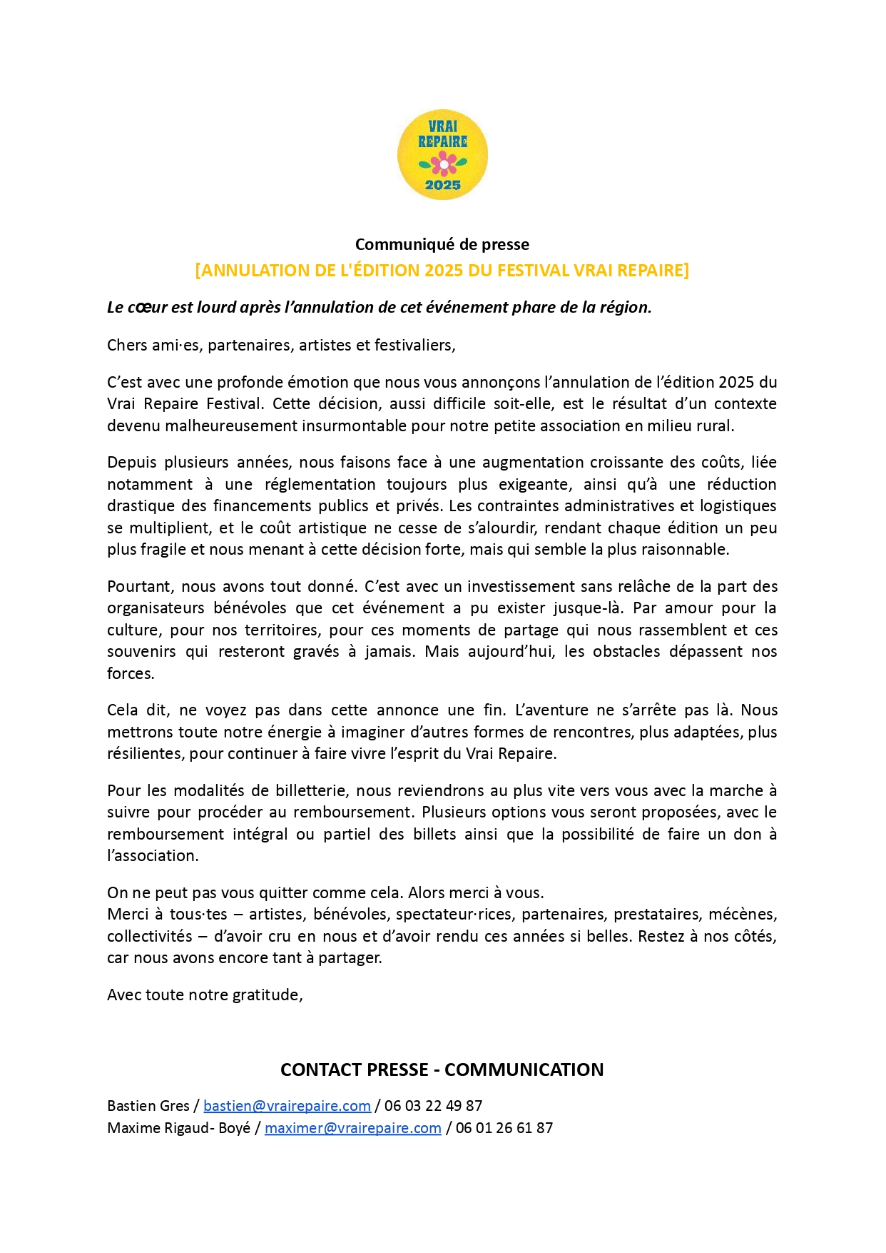 [ANNULÉ] - Le Vrai Repaire Festival