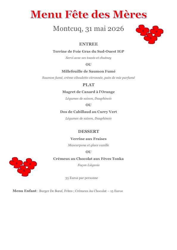 Menu de la fête des mères au Café de France