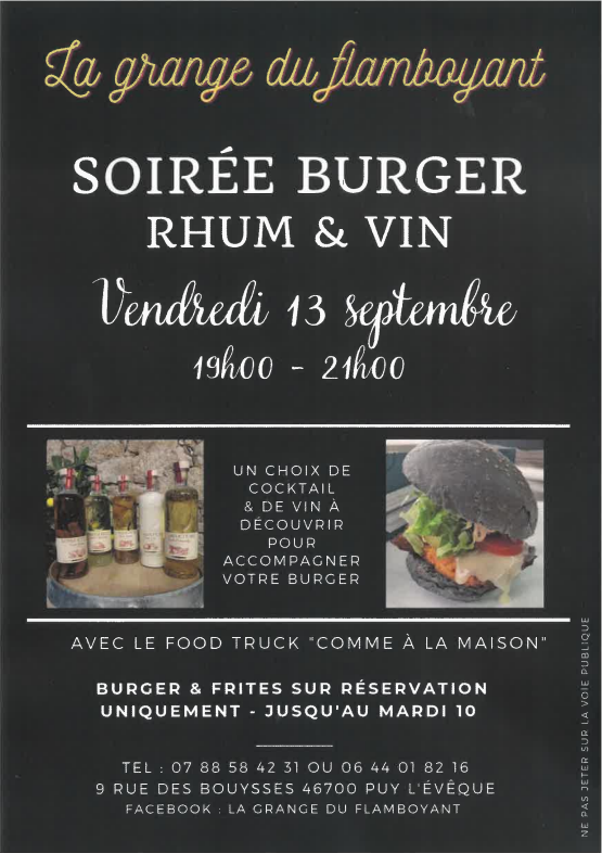 Soirée burger, rhum et vin à la Grange du Flamboyant
