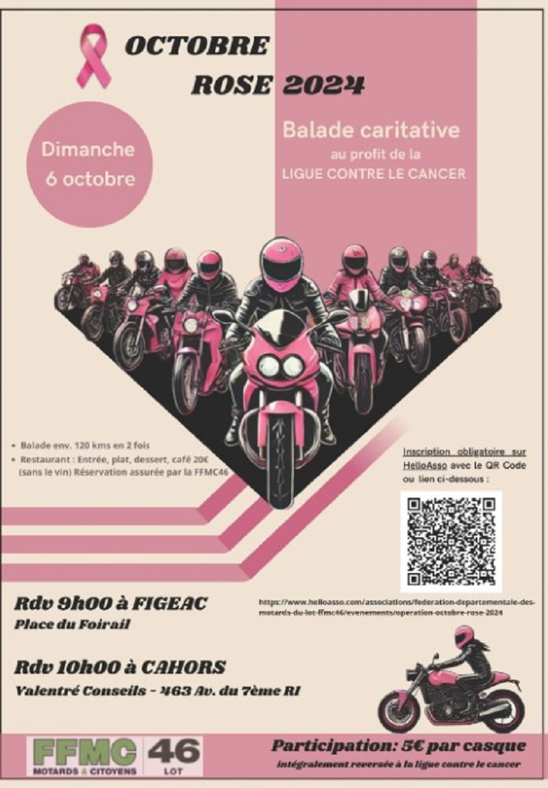 Balade caritative "octobre rose" en moto depuis Figeac
