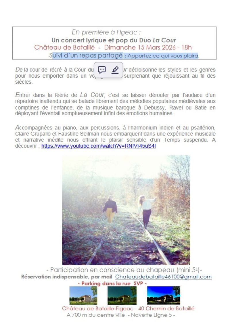 Un concert lyrique et pop du Duo La Cour, au Château de Bataillé à Figeac