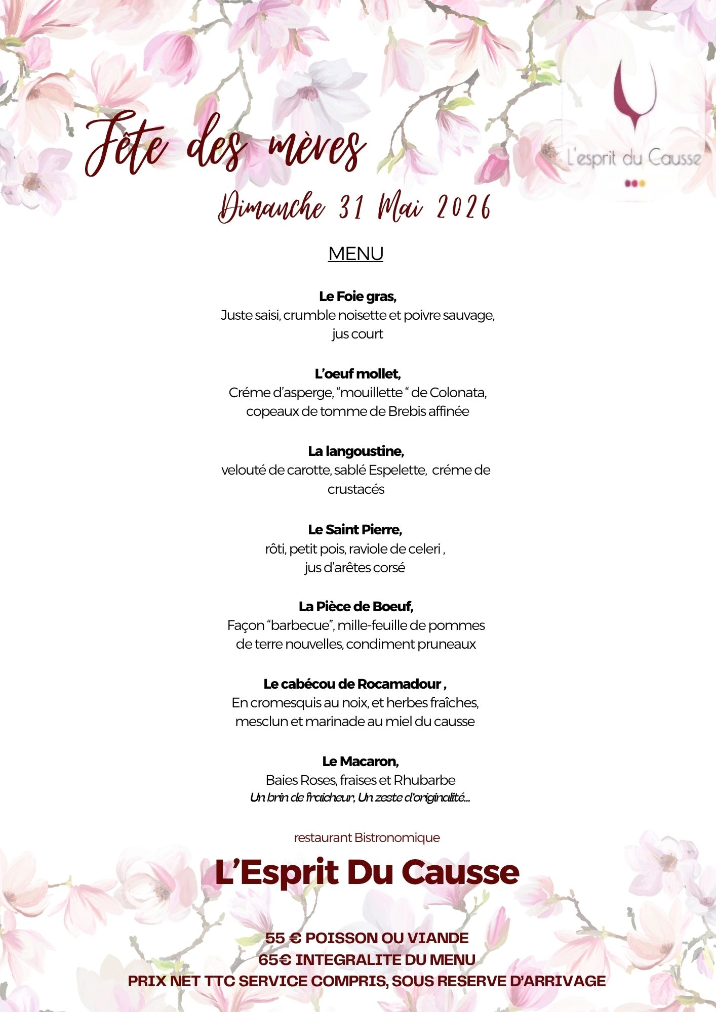 Menu de fête des mères à l'Esprit du Causse