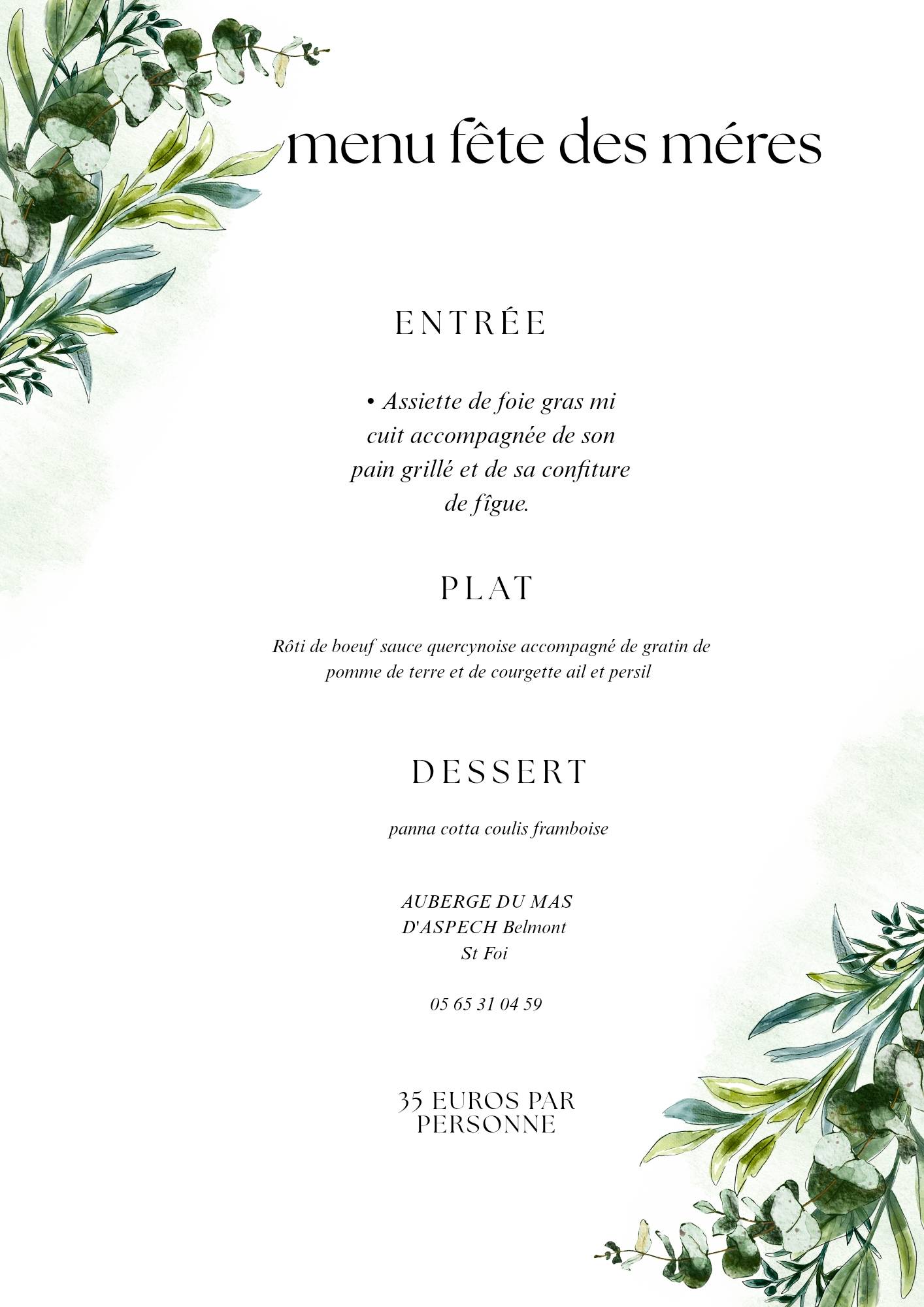Menu Fête des Mères du Mas d'Aspech
