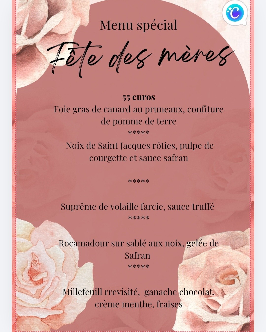 Menu spécial fête des mères à La Bergerie
