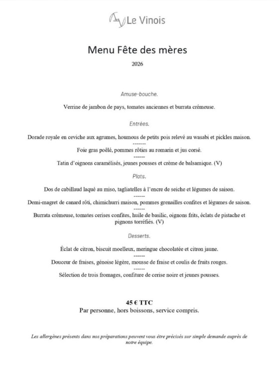 Menu de fête des mères au Vinois