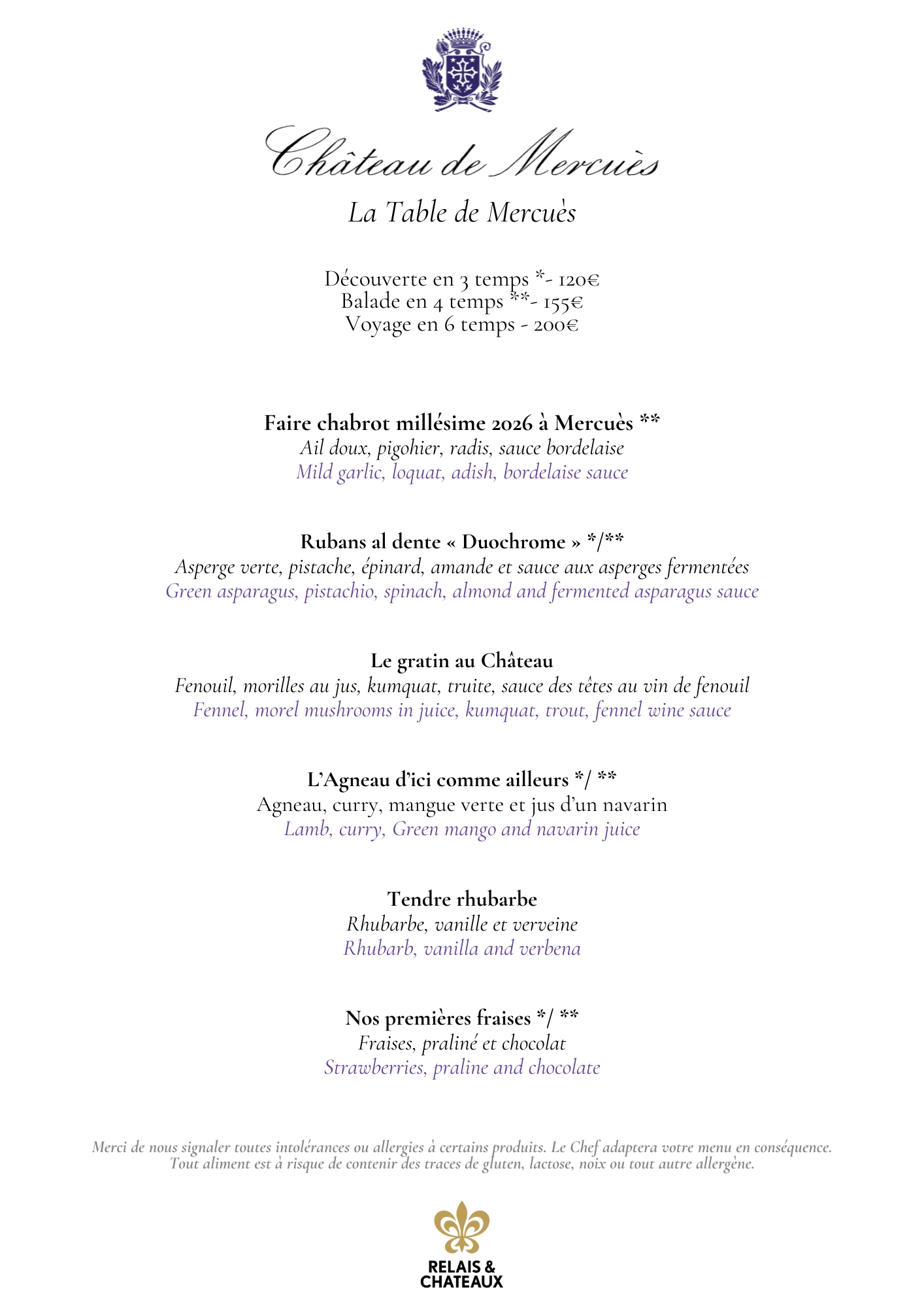 Menu de pâques au Château de Mercuès, Mercuès