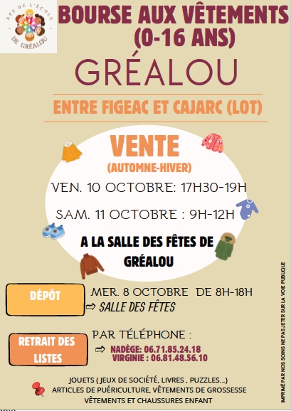 Bourse aux vêtements 0/16 ans  à Gréalou