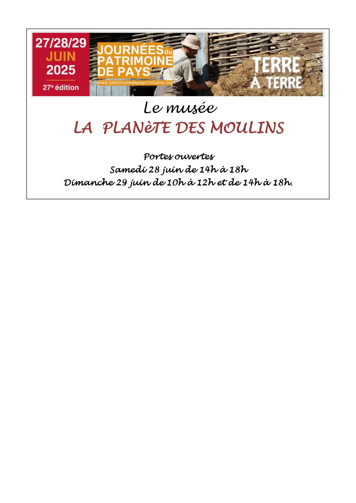 Journées du Patrimoine de Pays et des Moulins à la Planète des Moulins