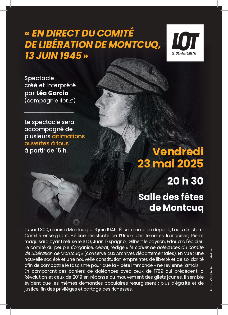 Spectacle "En direct du comité de Libération de Montcuq, 13 juin 1945"