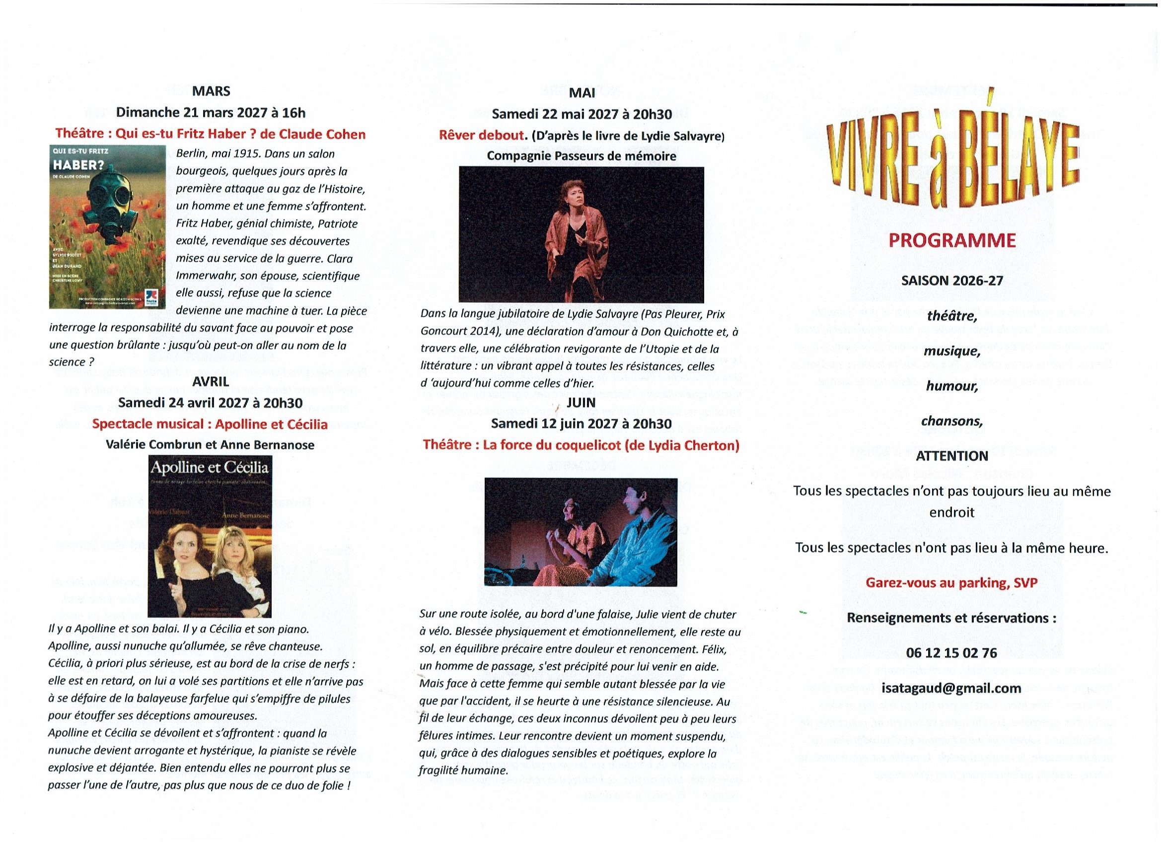 Programme des spectacles : "Vivre à Bélaye"