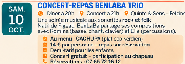 Concert-repas BenLaBa Trio à Felzins
